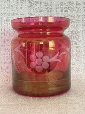 Vintage Etched Cranberry Glass Condiment Jar, Heavy, No Lid