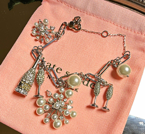 Kate Spade New York Silver Tone Charm Chain Bracelet Pearl Rhinestone Cocktail
