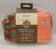 New Multicolor Flower Shower Cap & Microfiber Hair Turban w/Travel Pouch by Cala
