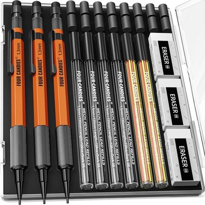 3PCS 1.3Mm Mechanical Pencil Set with Case, Metal Heavy Duty Carpenter Pencils w