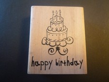 Happy Birthday with Cake - Rubber Stamp - Wood Mounted - Used