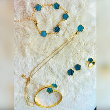 Gold Tone Blue Clover Jewellery Set Necklace Bracelet Ring Earrings
