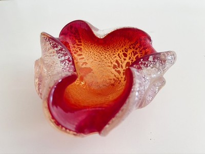 MURANO? Aschenbecher Schwere Art-Glass Schale rubinrot gold mundgeblasen Vintage