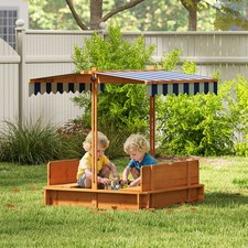 Kids Sandpit Outdoor Backyard Playset w/ Cover Bench Canopy, Red