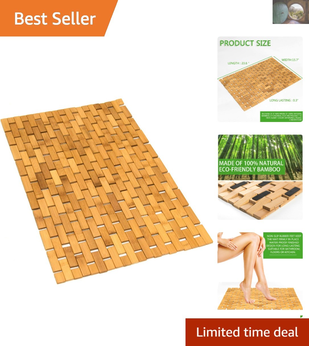 24x16 Inch Bamboo Bath Mat for Shower and Outdoor Use