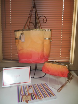 Coach Tote Shopper Bag, Ombre orange tones, Rare, with kiss lock  makeup bag 2pc