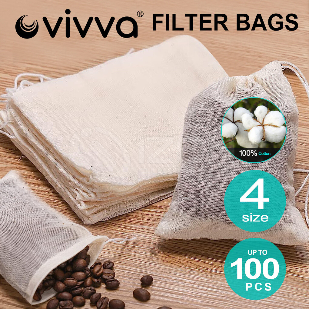 UP 100x Muslin Filter Bags Reusable 100 Cotton Spices Herbs Tea Soup
