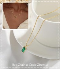 Dainty Birthday Emerald 14K Gold CZ Necklace Baguette Necklaces for Women Gift