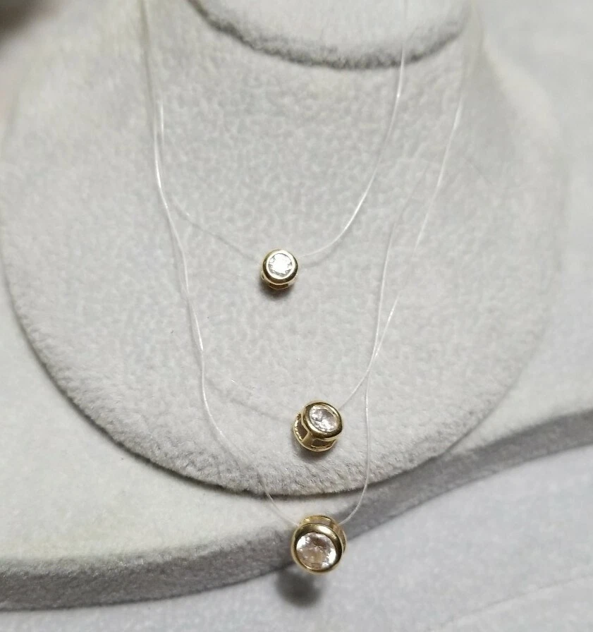 Colgante flotante ilusión invisible Diamonique dqcz oro amarillo 14k 3 filas Qvc circonita