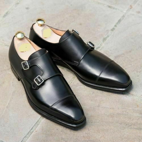 Chaussures faites main pour hommes double moine cuir noir robe formelle port décontracté bottes neuves - Photo 1/4