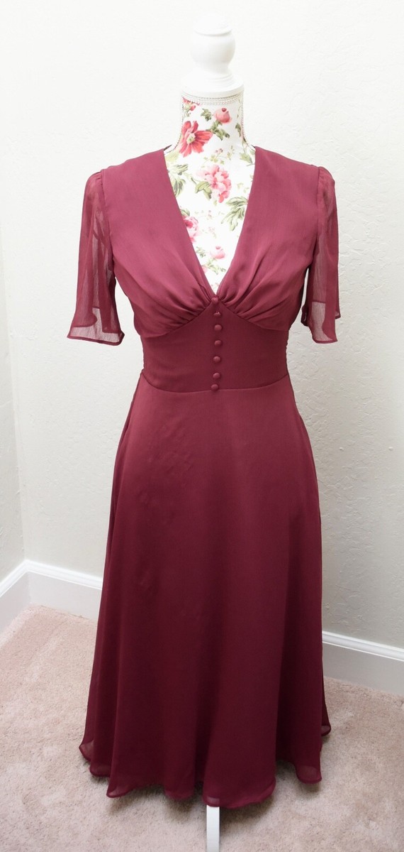 Chi Chi London Jaslene Retro Burgundy Tea Length Dress