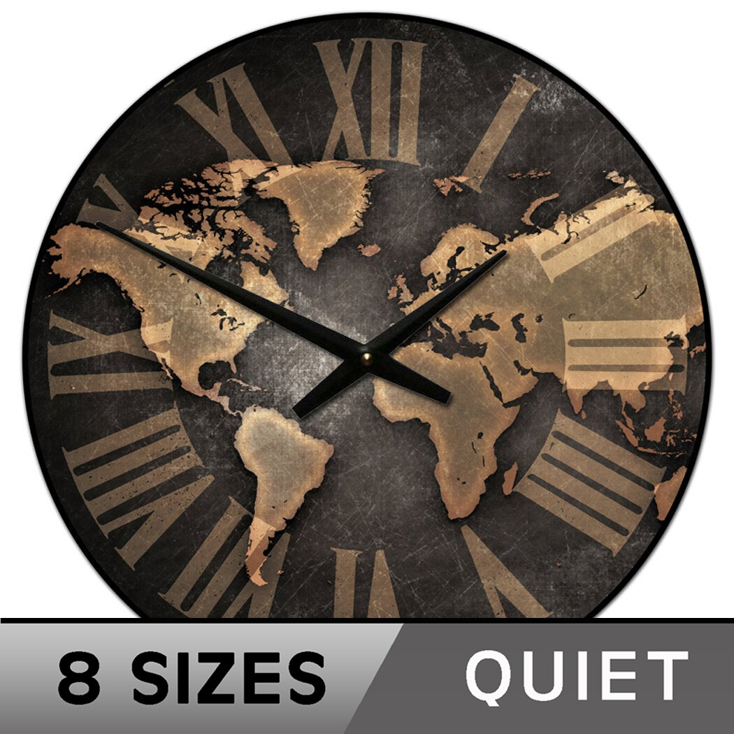 Industrial World Map Clock, large wall clock, Ultra Quiet, 8 sizes, Life Warrant