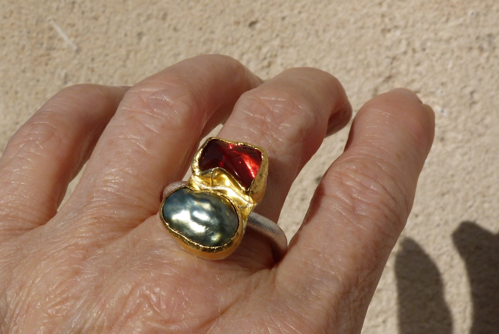925 Silver And 24 Ct Gold Ring, 1 Fire Opal, 1 Keishi Pearl, Size 57 image 10