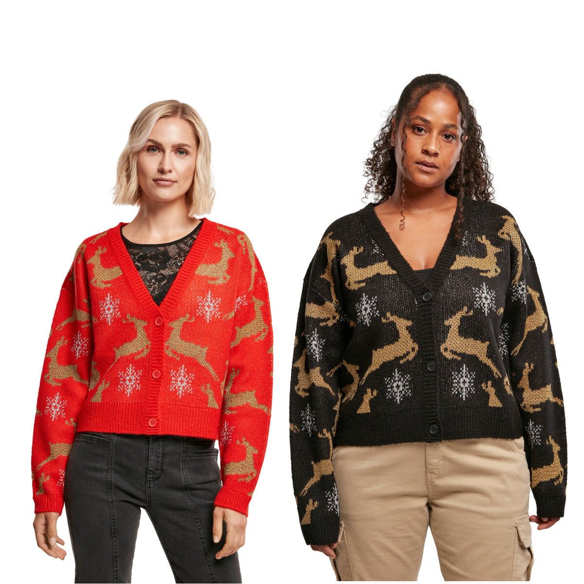 Urban Classics Chaqueta Cardigan Navideña Oversize Mujer Rojo/Oro Negro/Oro