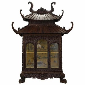 ANTIQUE PAGODA HAND CARVED TOP TO BOTTOM CHINESE TEMPLE CABINET SILK INSIDE