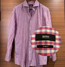 Hugo Boss Slim Fit Jason Shirt Gingham Red White Blue Men 16 Long Sleeve Button