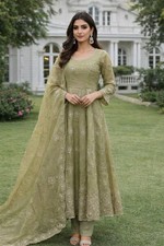 Beautiful Olive Green Gold Crush Silk Gown Bottom With Dupatta For Festival