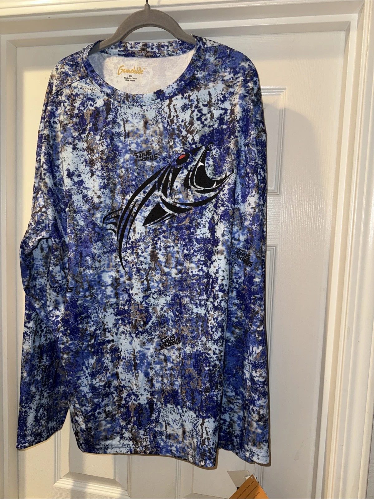 Gamehide Men's Performance Fishing Shirt Blue Camo Bass Graphic Long Sleeve 2XL