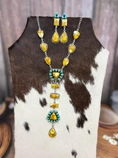 Handmade Sterling Silver Honey Dahlia with Kingman Turquoise Necklace Post Earr