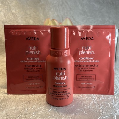 Aveda Deep MOISTURE Nutriplenish Shampoo 1.7oz + .34oz + Conditioner .34oz Free