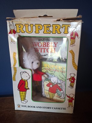 Vintage Set Retro RUPERT Der Bär Toy Book Story Kassette in Box wackelige Hexe