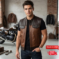 Men s Black Leather Motorcycle Vest Biker Club Waistcoat Custom Patches Cut