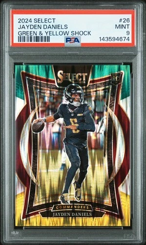 2024 PANINI SELECT GREEN & YELLOW SHOCK #26 JAYDEN DANIELS ROOKIE RC PSA 9