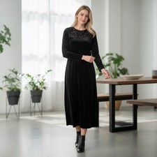 Diane Von Furstenberg Black Velvet Burnout Damask Long Sleeve Dress Vintage L