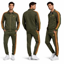 Men TIM Rasta Stripe Tracksuit Beige Zip Up Jacket Joggers Lion Reggae Casual