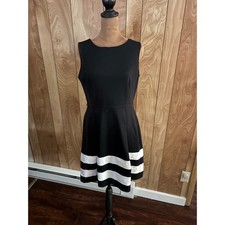 Calvin Klein Black White Striped Fit Flare Scuba Dress Petite 8P Sleeveless