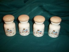 VTG Heartland Stoneware 4 Spice Jars International China Amish Farmhouse scene
