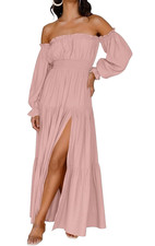 Zesica Off Shoulder Smocked High Waist Maxi Dress Size M Dusty Rose Boho Peasant