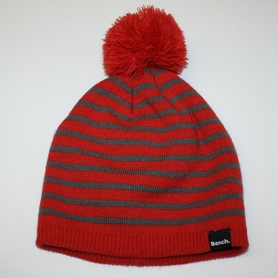 Bench Boy's Red with Gray Stripes & Pom Pom Knit Beanie Hat in size M/L