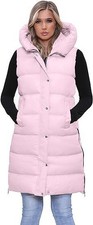 Women’s Longline Hooded Puffer Gilet Jacket Body Warmer Side Pocket Sleeveless