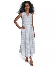 Calvin Klein Women's Striped V-Neck Midi Dress Blue Multi Size 14 $159