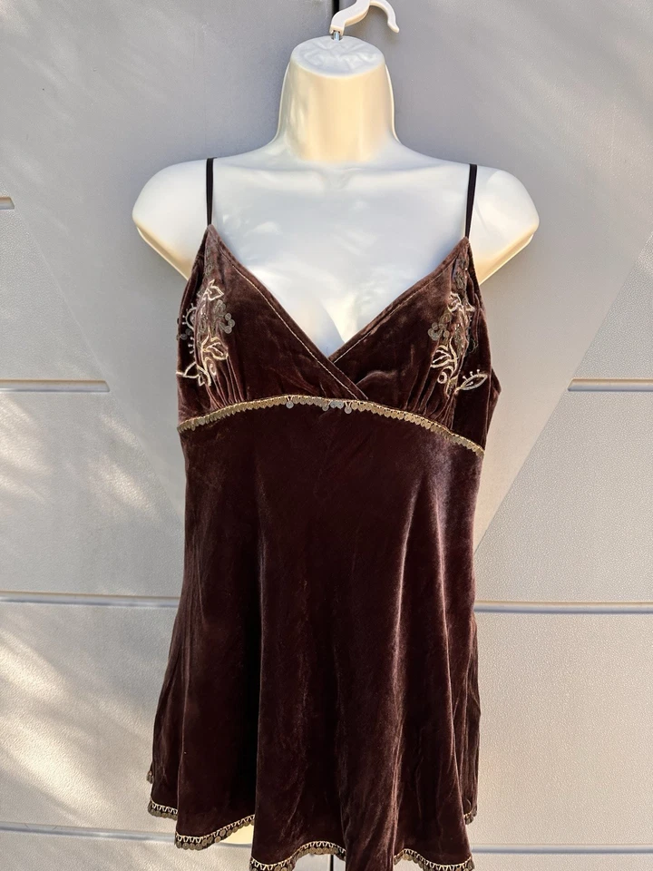 Pantalones de mezclilla Polo Ralph Lauren Y2K terciopelo de seda cami top marrón caprichoso bordado L Foto 3 de 4