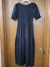 SHEIN Black Smocked Ruffle Puff Sleeve A-Line Midi Dress Scoop Neck Small black