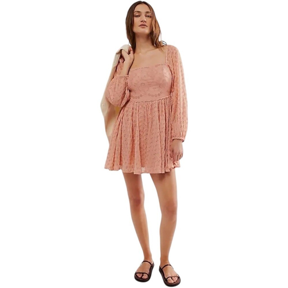 New Free People Malina Mini Babydoll A-Line Eyelet Peachy Pink Boho Dress Small