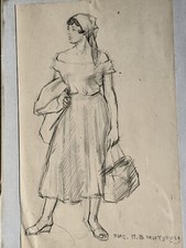 1930s Original Russian Pencil Drawing By Petr Miturich 1887-1956 Woman Portrait
