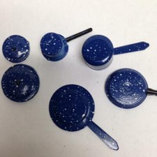 Vintage Doll House Miniatures 8pc Blue Enamelware Cookware with Lid 1in to 3in 