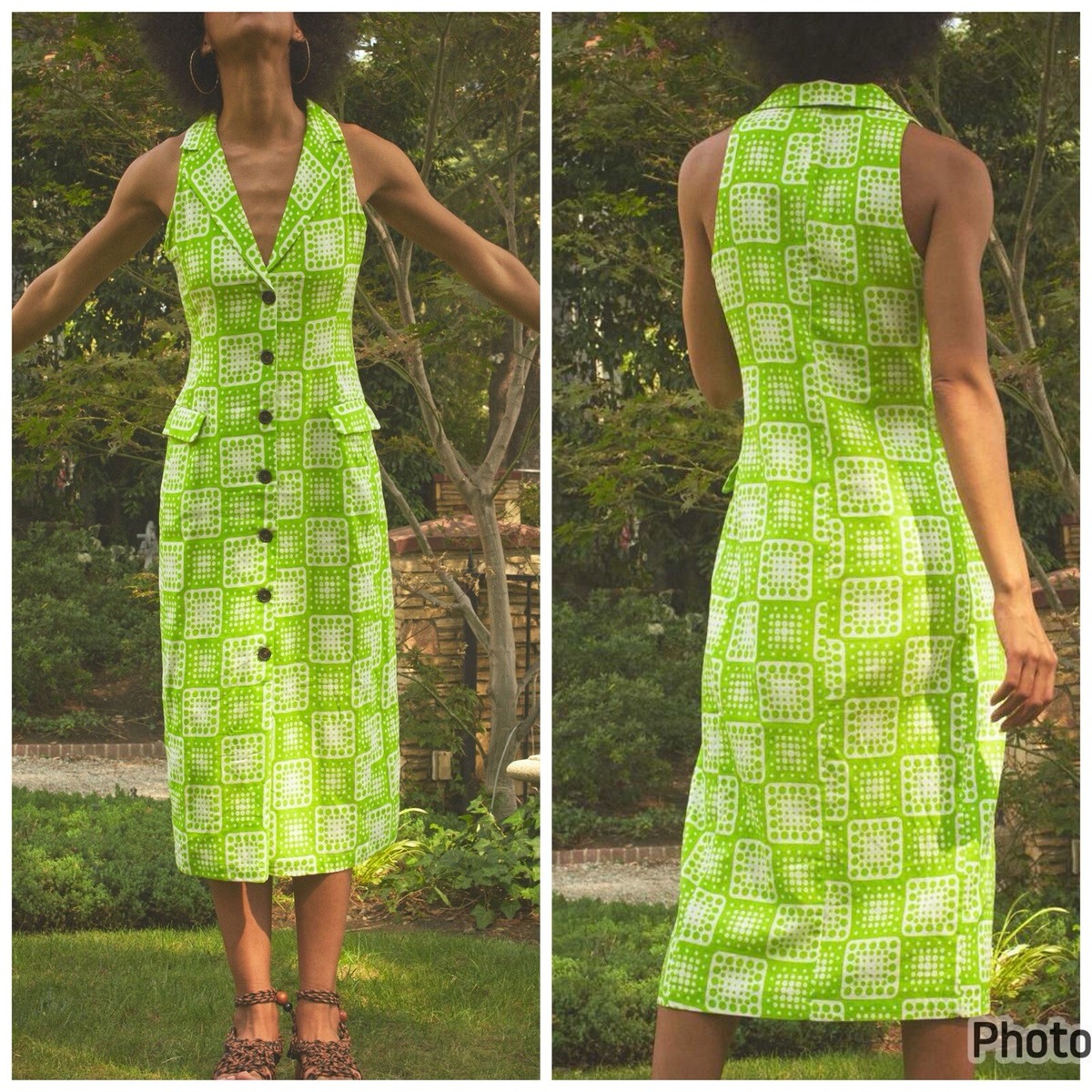 Anthropologie The Odells Callie Dress Button Front Midi Green White Sz 2