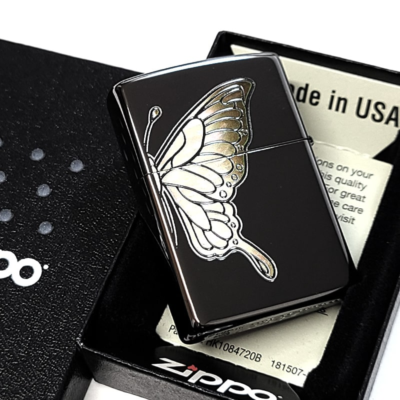 Zippo Lighter Slim Blue Butterfly Shell White Etching 2 Sided
