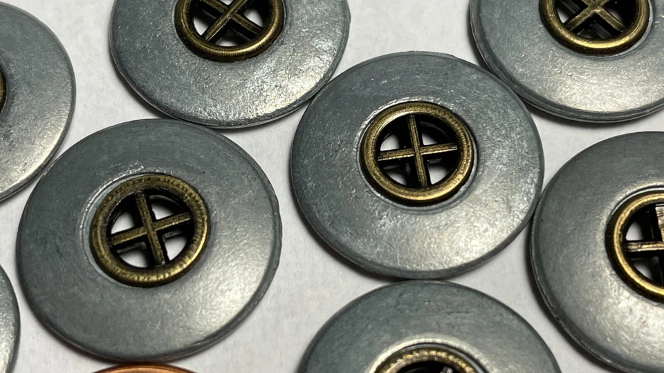 8 Gray & Antique Brass Tone Metal Sew-through 4-hole Buttons 3/4" 19mm 15587 - Image 3 of 3