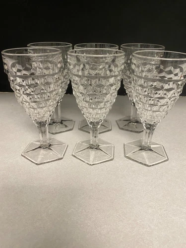 6 Fostoria Water Glasses Goblet Hex Base Stemware American Pattern Clear Drinks