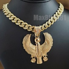 EGYPTIAN HORUS BIRD Pendant & 12mm 16" 18" 20" 24" Iced Cuban Chain Necklace