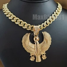 EGYPTIAN HORUS BIRD Pendant & 12mm 16" 18" 20" 24" Iced Cuban Chain Necklace