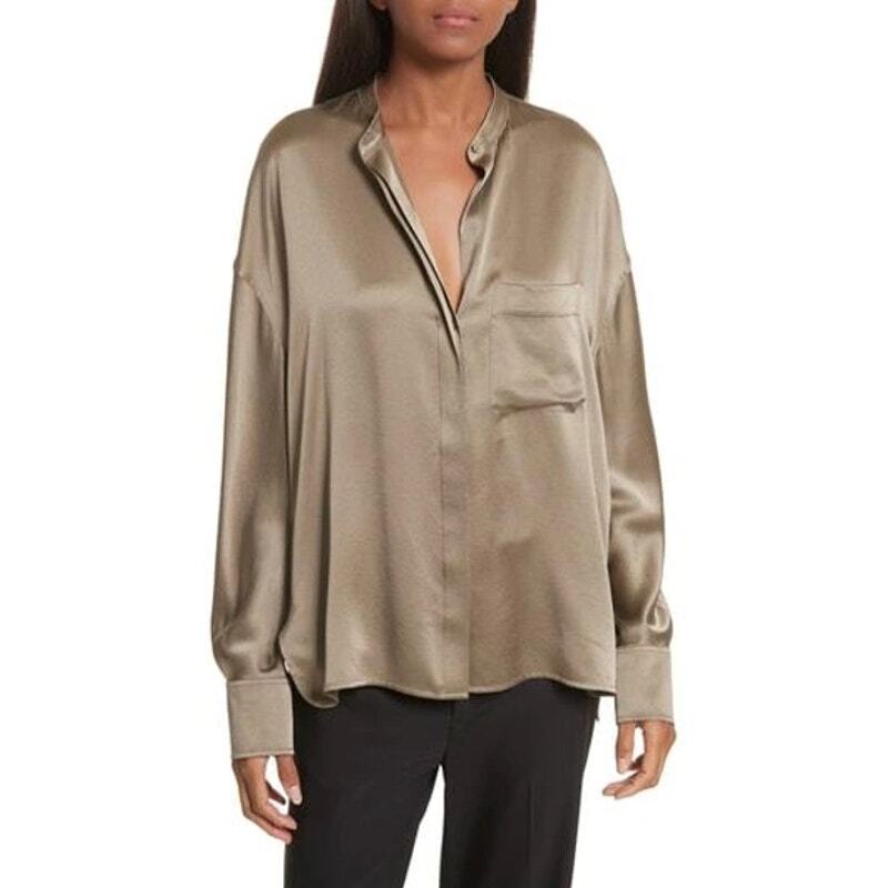 VINCE Mandarin Collar Silk Blouse In Aloe small