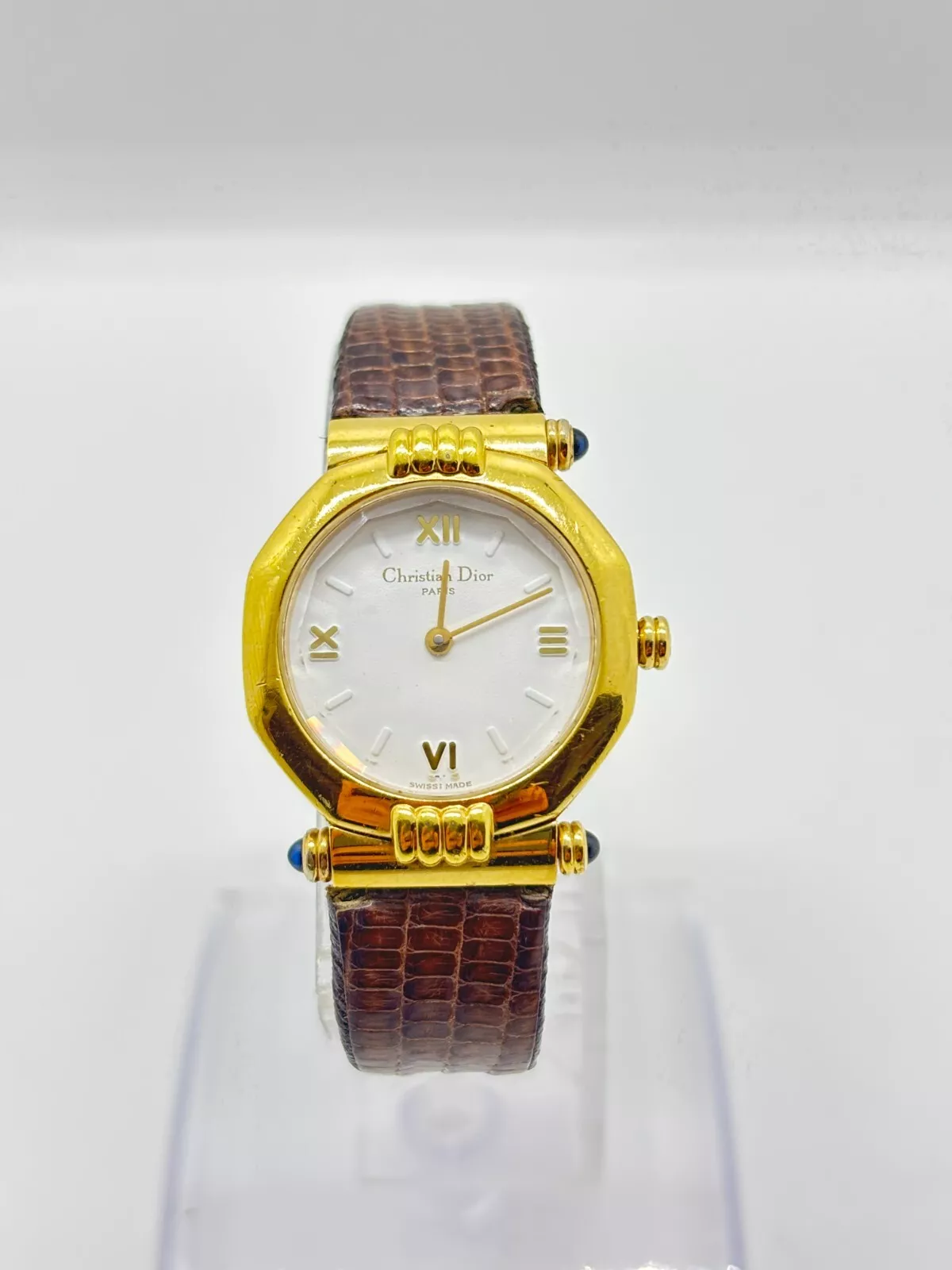 [Exc+5] Montre Femme Christian Dior 64151 Or Blanc Octogonal Quartz Occasion F/S