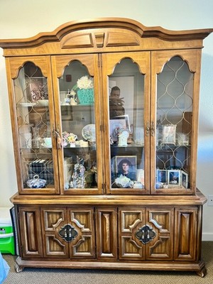Wooden China Cabinet Antique With Glass Doors 2 piece