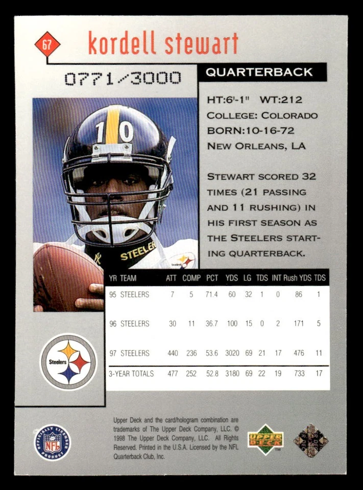 1998 Upper Deck Black Diamond Rookie Edition #67 Kordell Stewart Double #/3000 - Image 2 of 2